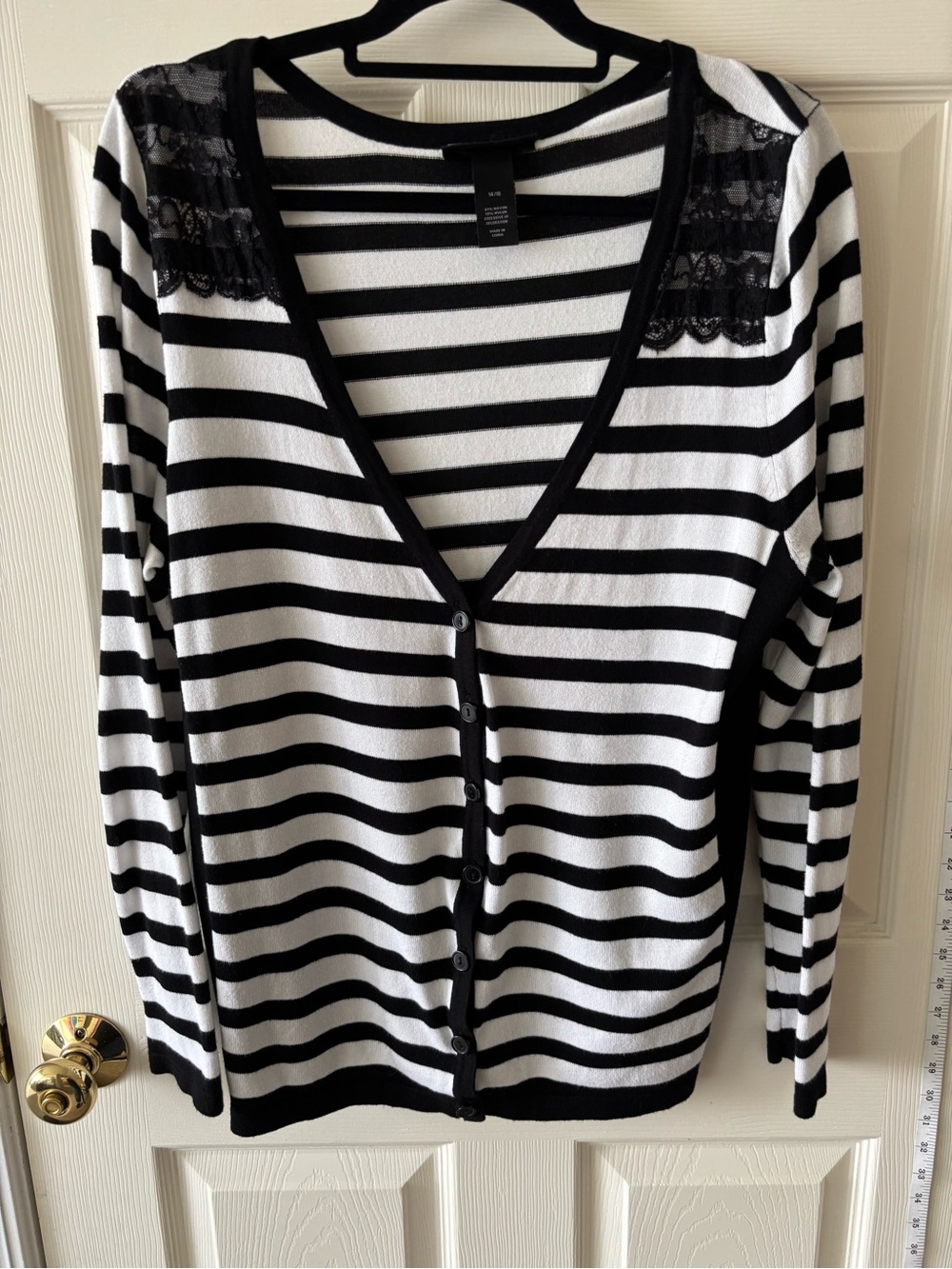 Lane Bryant Black and White Striped Lace-Shoulder V-Neck Cardigan